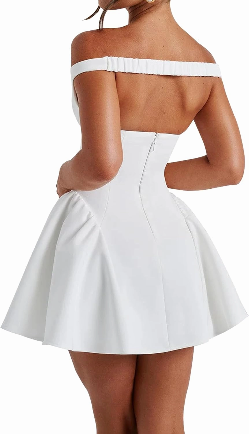 Azhong Women's Summer Sexy V Neck Off Shoulder Wedding Mini Dresses Backless A Line Puffy Hem Prom Party Gown