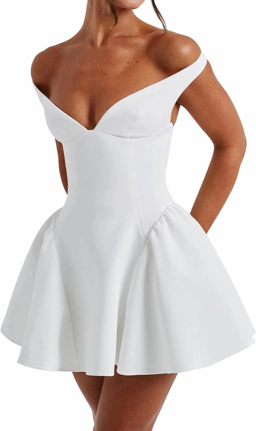Azhong Women's Summer Sexy V Neck Off Shoulder Wedding Mini Dresses Backless A Line Puffy Hem Prom Party Gown