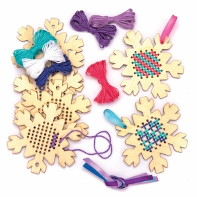 Baker Ross AW893 Snowflake Wooden Cross Stitch Decoration Kits - Pack of 5, Christmas Arts and Crafts, Assorted
