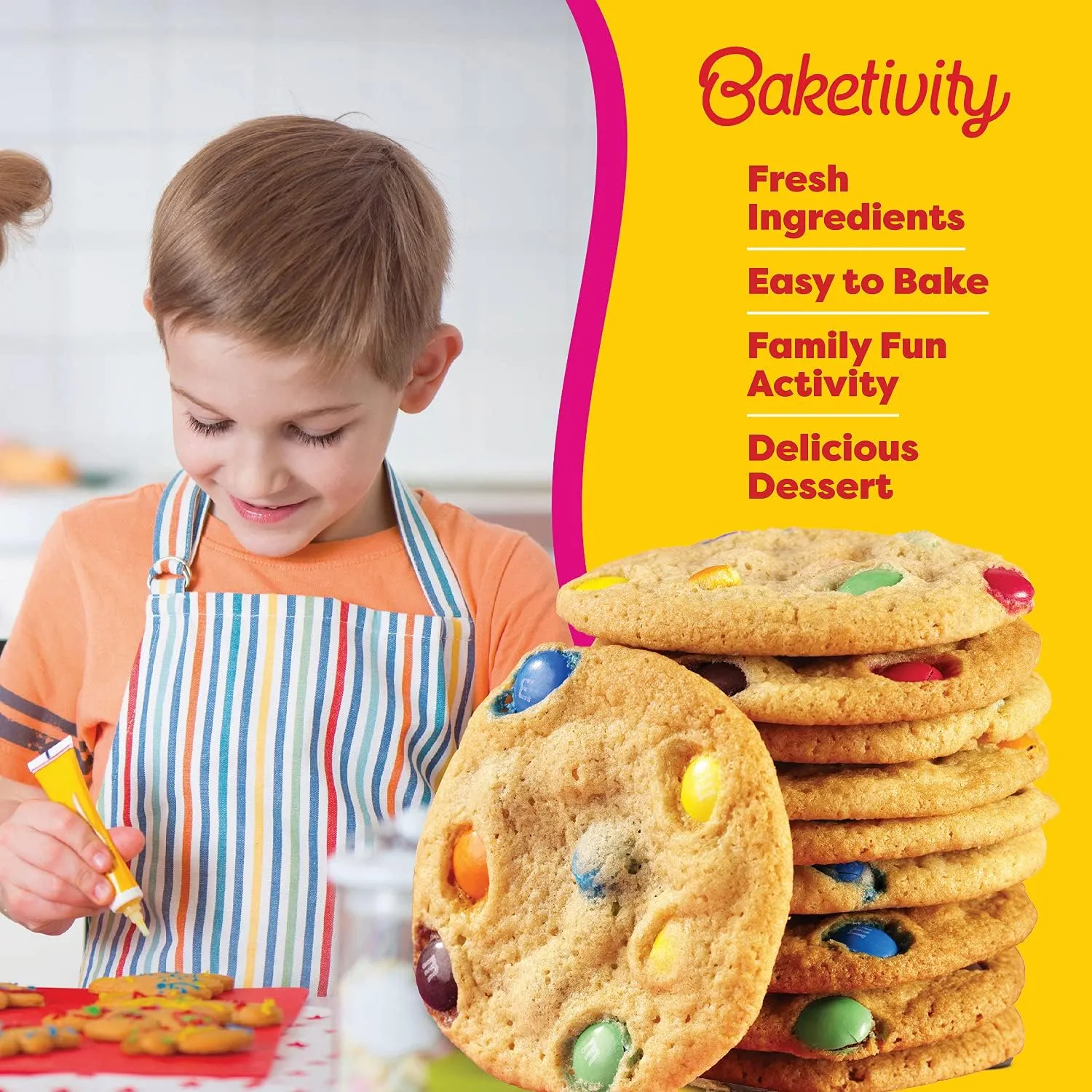 BAKETIVITY Kids Baking DIY Activity Kit - Bake Delicious Yum&m Jumbo Cookies- Real Fun Little Junior Chef Essential Kitchen Lessons, Includes Pre-Measured Ingredients and Easy to Follow Recipe.