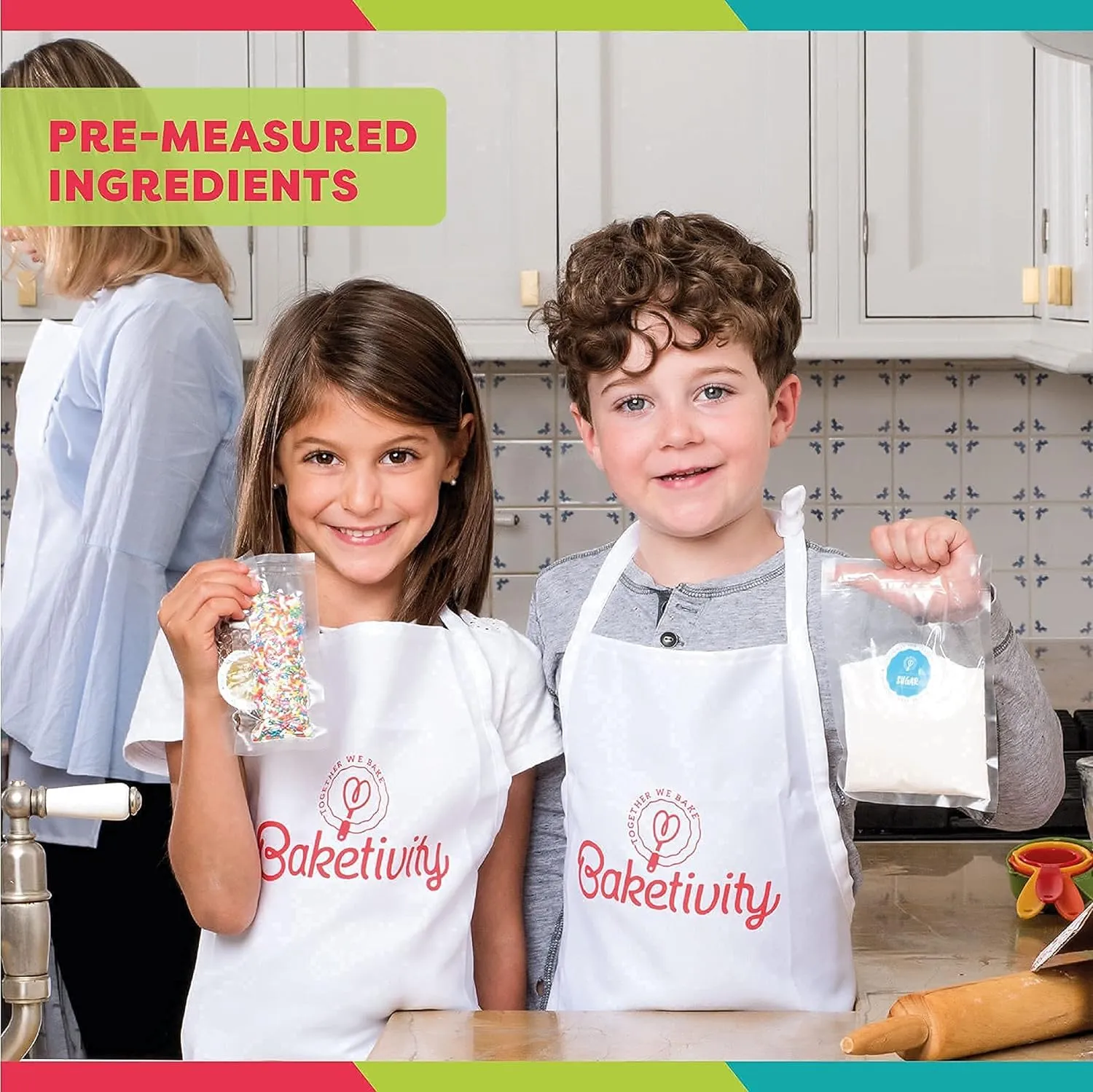 BAKETIVITY Kids Baking DIY Activity Kit - Bake Delicious Yum&m Jumbo Cookies- Real Fun Little Junior Chef Essential Kitchen Lessons, Includes Pre-Measured Ingredients and Easy to Follow Recipe.