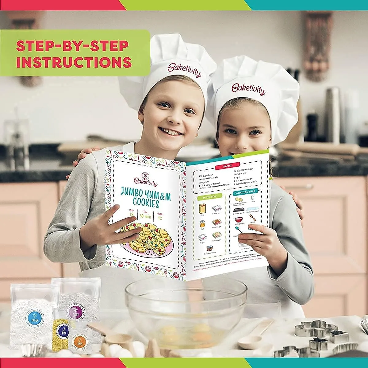 BAKETIVITY Kids Baking DIY Activity Kit - Bake Delicious Yum&m Jumbo Cookies- Real Fun Little Junior Chef Essential Kitchen Lessons, Includes Pre-Measured Ingredients and Easy to Follow Recipe.
