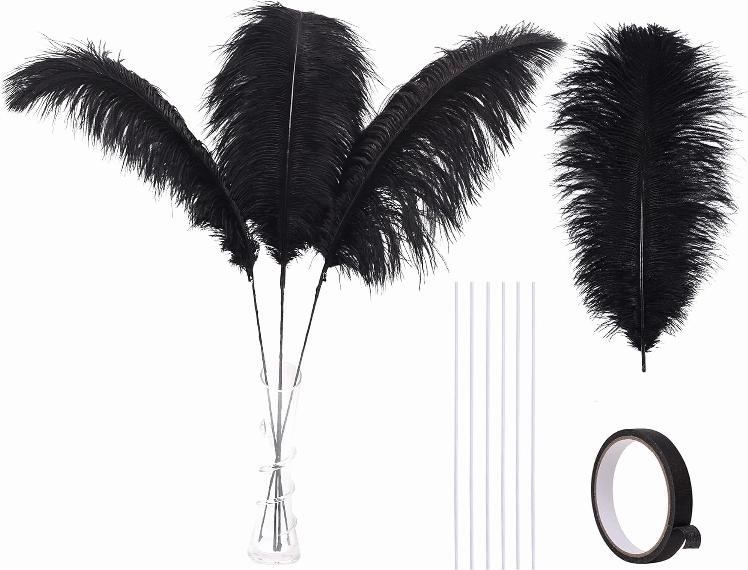 Ballinger Black Ostrich Feathers Bulk - Making Kit 10Pcs 28inch Large Ostrich Feathers for Floral Arrangement, Vase, Wedding Party Centerpieces and Halloween Home Decor