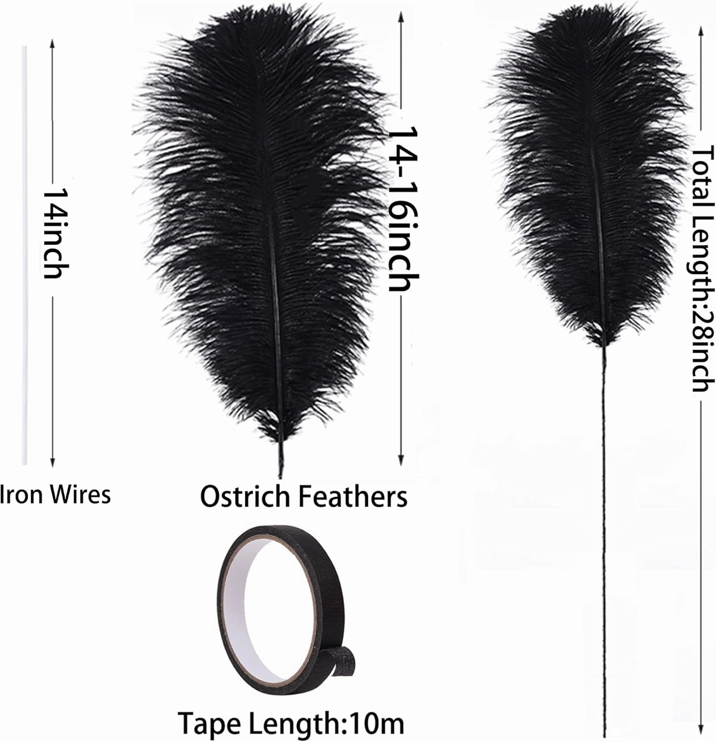 Ballinger Black Ostrich Feathers Bulk - Making Kit 10Pcs 28inch Large Ostrich Feathers for Floral Arrangement, Vase, Wedding Party Centerpieces and Halloween Home Decor
