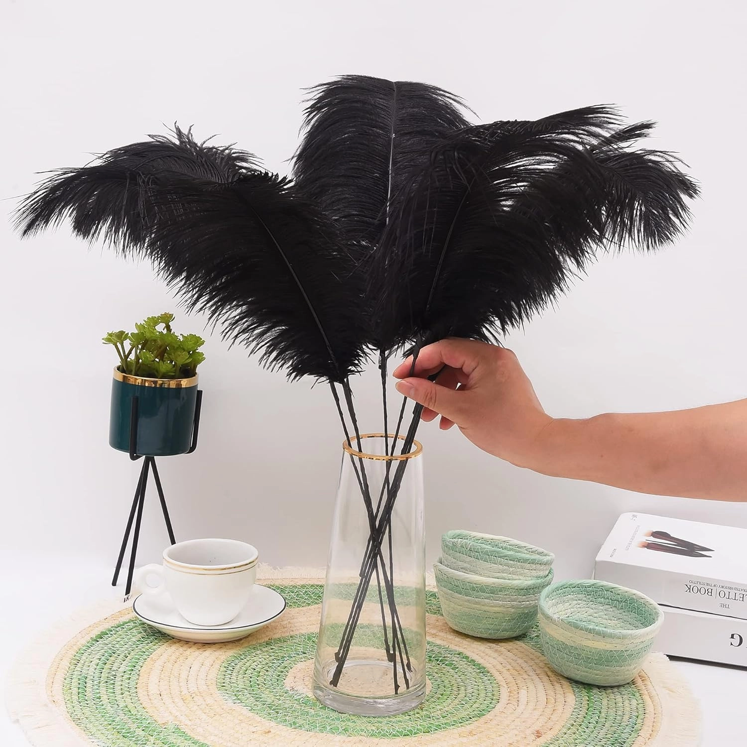 Ballinger Black Ostrich Feathers Bulk - Making Kit 10Pcs 28inch Large Ostrich Feathers for Floral Arrangement, Vase, Wedding Party Centerpieces and Halloween Home Decor