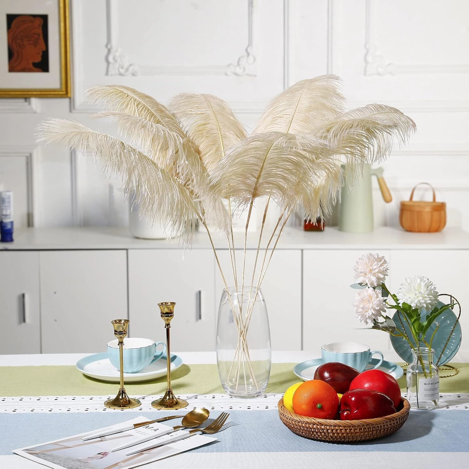 Ballinger Large Champagne Ostrich Feathers - 12pcs 24-26inch Feathers Making Kit Boho Feathers for Vase,Wedding Party Centerpieces and Home Decor