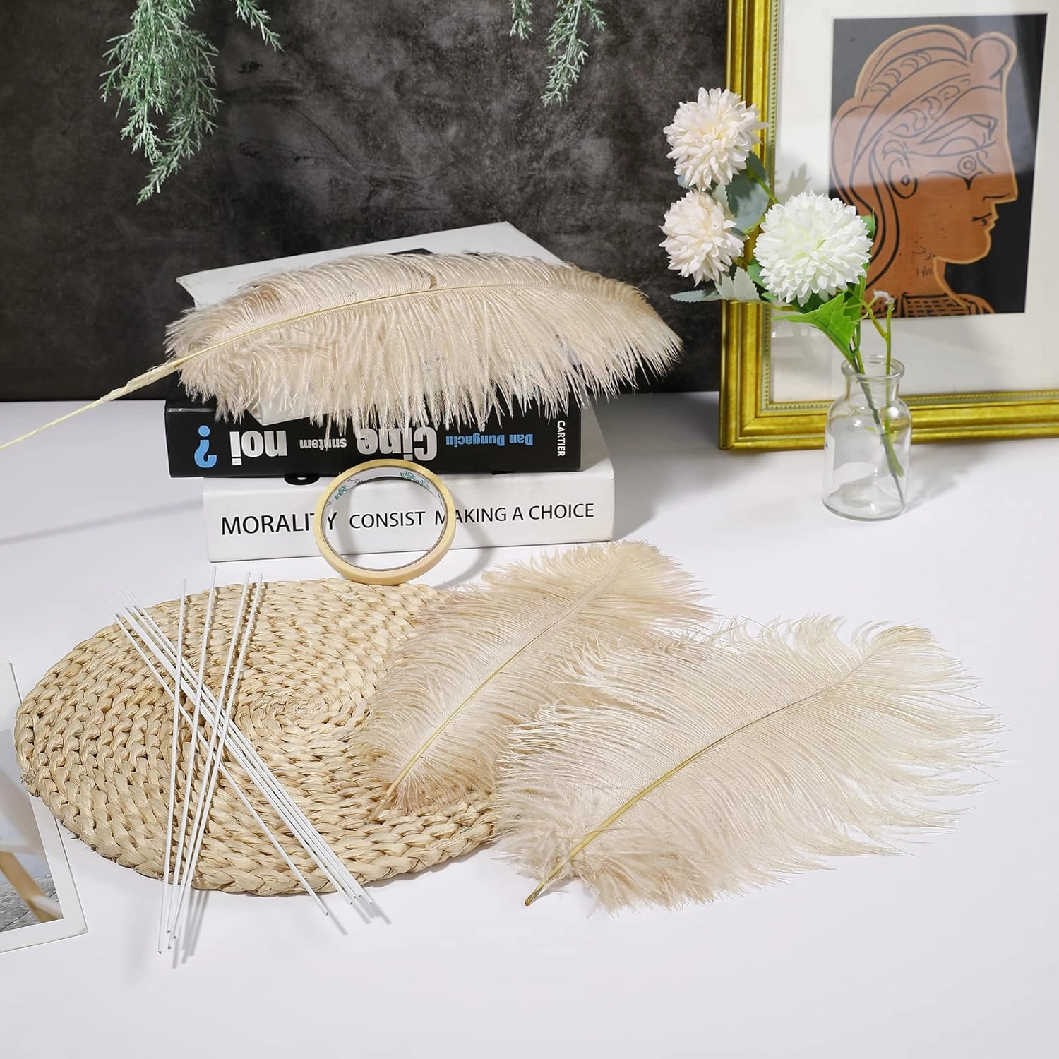 Ballinger Large Champagne Ostrich Feathers - 12pcs 24-26inch Feathers Making Kit Boho Feathers for Vase,Wedding Party Centerpieces and Home Decor