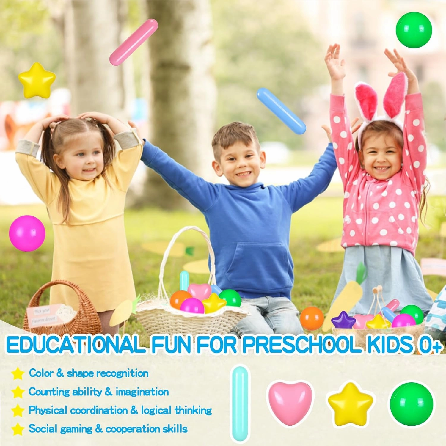 Balls for Ball Pit，200 Plastic Balls with Stars Hearts Strip Shapes Phthalate Free BPA Free for Playhouse, Baby Pool, Play Ball Fun Centers, for Babies, Kids, Toddlers 1-3,Rainbow 8 Colors