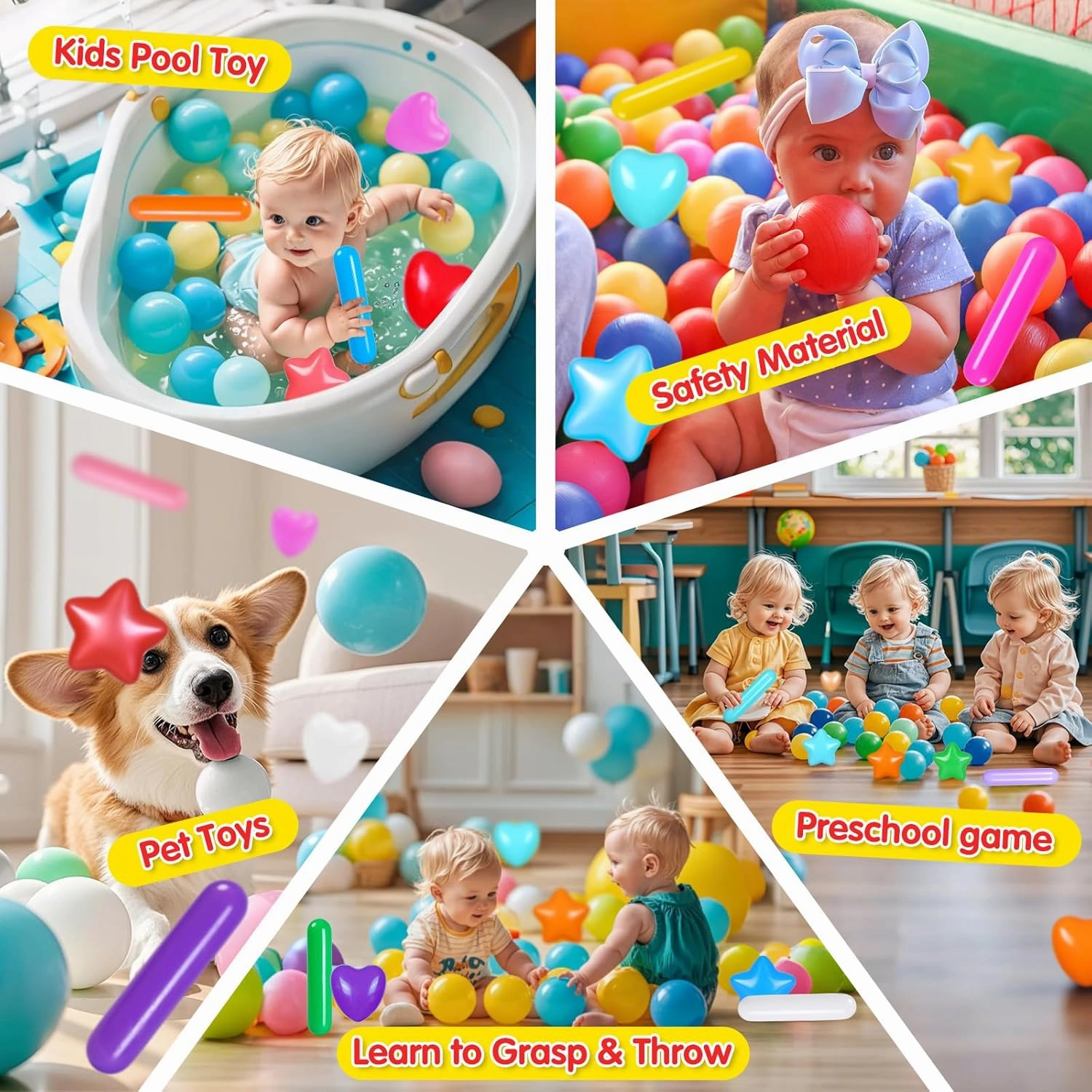 Balls for Ball Pit，200 Plastic Balls with Stars Hearts Strip Shapes Phthalate Free BPA Free for Playhouse, Baby Pool, Play Ball Fun Centers, for Babies, Kids, Toddlers 1-3,Rainbow 8 Colors