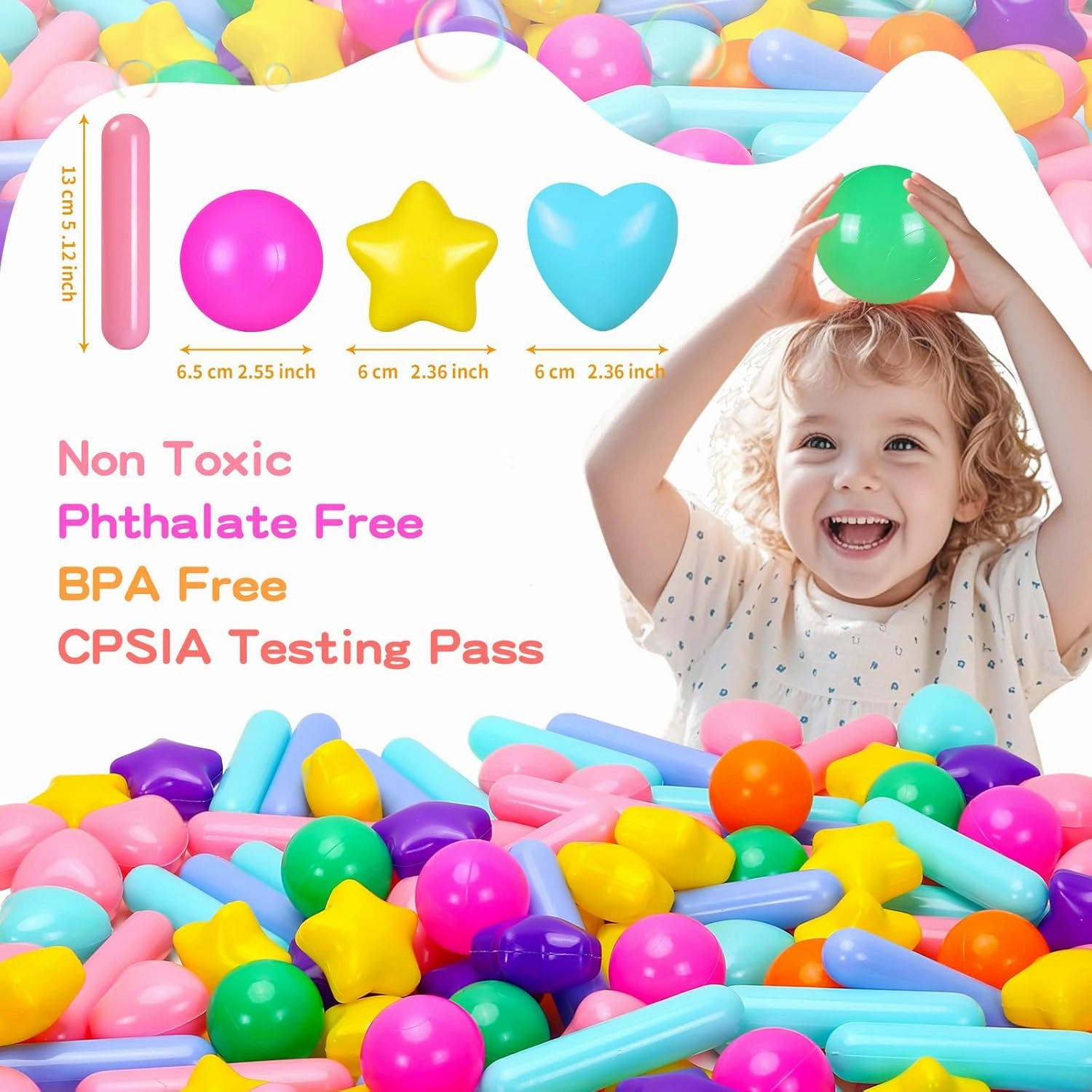 Balls for Ball Pit，200 Plastic Balls with Stars Hearts Strip Shapes Phthalate Free BPA Free for Playhouse, Baby Pool, Play Ball Fun Centers, for Babies, Kids, Toddlers 1-3,Rainbow 8 Colors