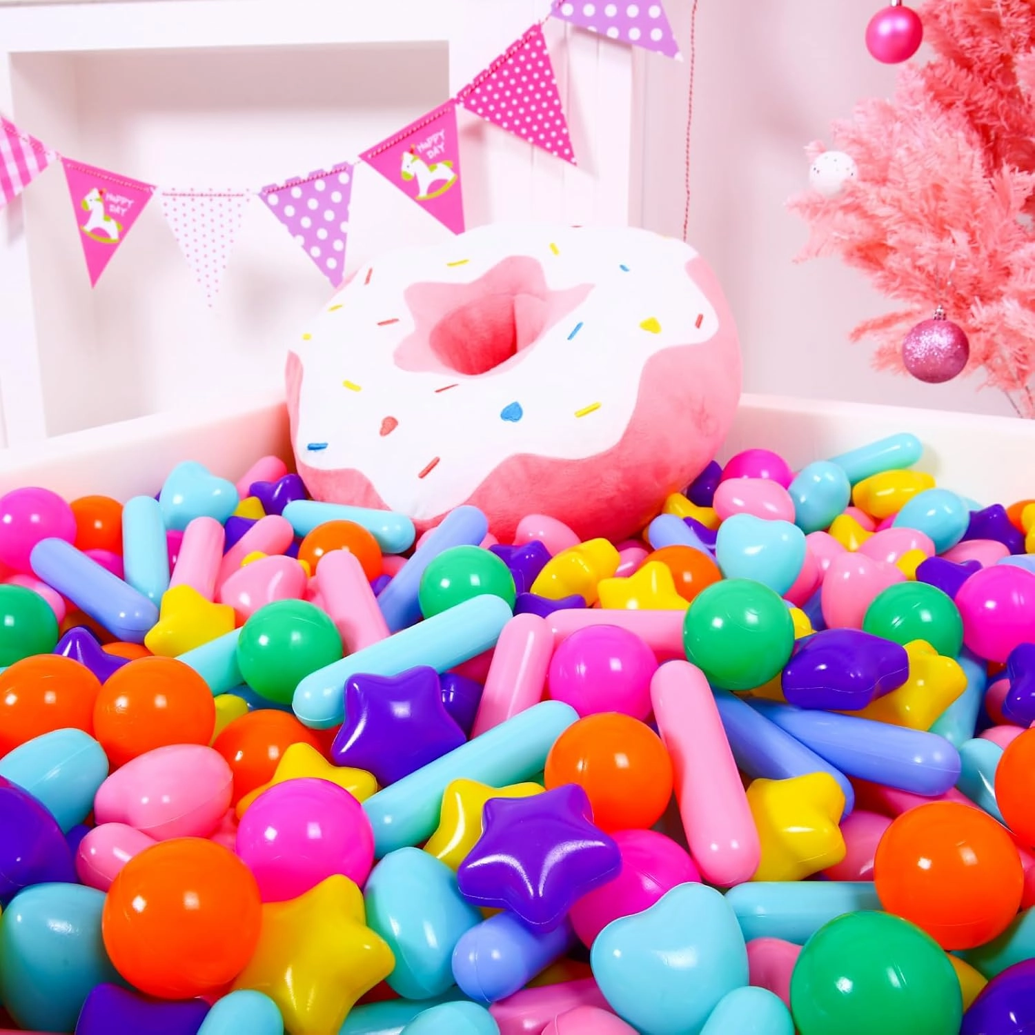 Balls for Ball Pit，200 Plastic Balls with Stars Hearts Strip Shapes Phthalate Free BPA Free for Playhouse, Baby Pool, Play Ball Fun Centers, for Babies, Kids, Toddlers 1-3,Rainbow 8 Colors