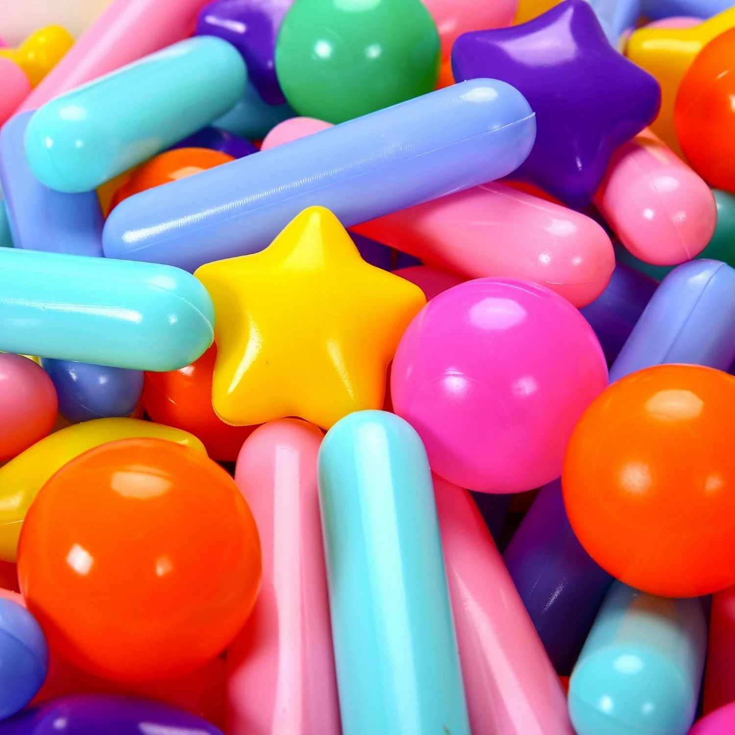 Balls for Ball Pit，200 Plastic Balls with Stars Hearts Strip Shapes Phthalate Free BPA Free for Playhouse, Baby Pool, Play Ball Fun Centers, for Babies, Kids, Toddlers 1-3,Rainbow 8 Colors