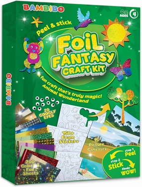 Bambibo Foil Art for Kids - Mega Pack | 200Pcs, Foil Fantasy Craft Kit | 15 Canvases for Crafting | No Mess Transfer Sheets for Crafts | DIY Art for Kids Ages 4-8
