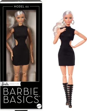 Barbie Basics Model 02 Collector Doll with Blonde Hair, Black Mini Dress & Gladiator Boots, Universal-fit Fashions, Posable Body & Swappable Doll Head