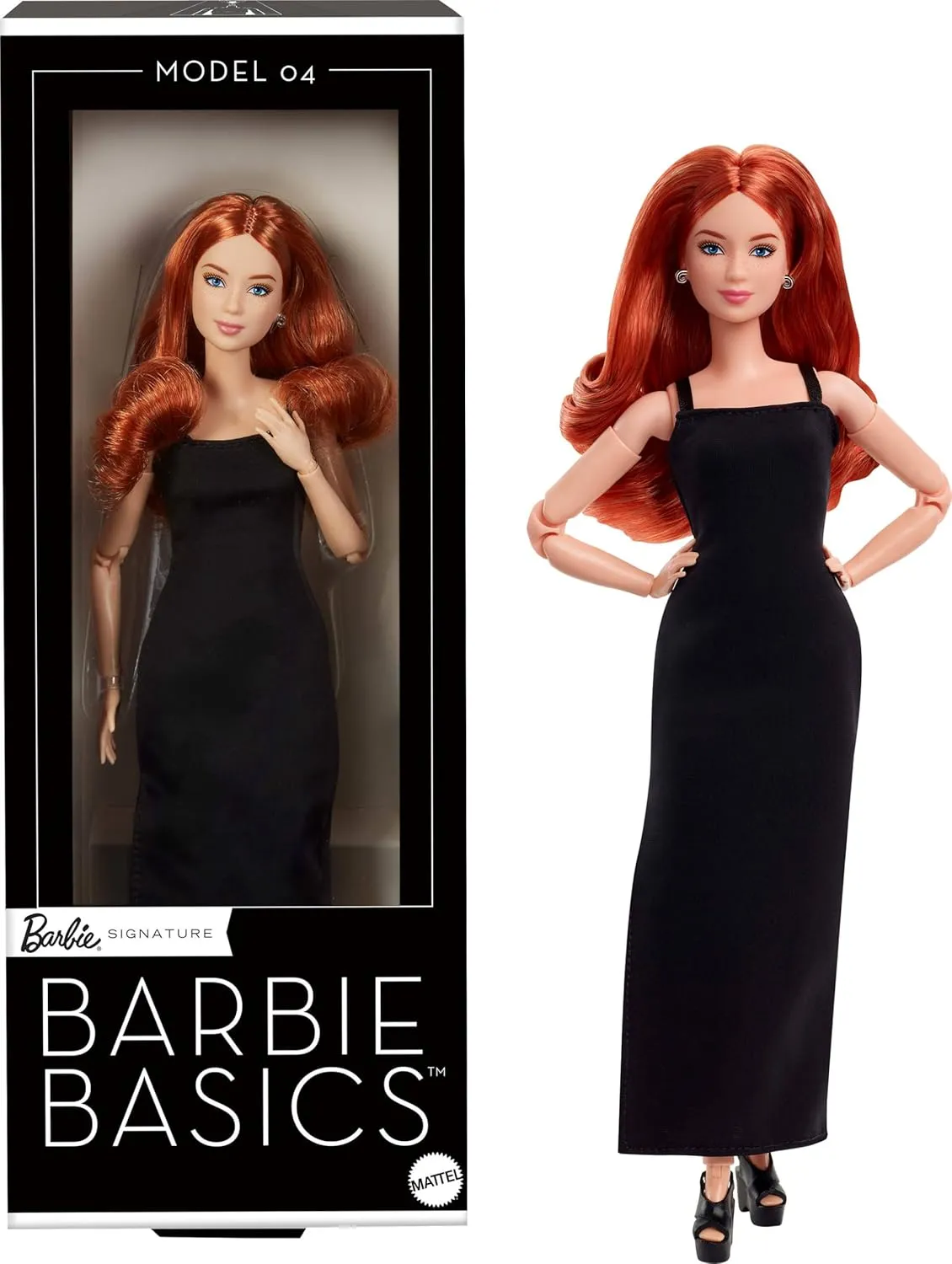 Barbie Basics Model 04 Collector Doll with Red Curly Hair, Black Mini Dress & Boots, Universal-fit Fashions, Posable Petite Body & Swappable Doll Head