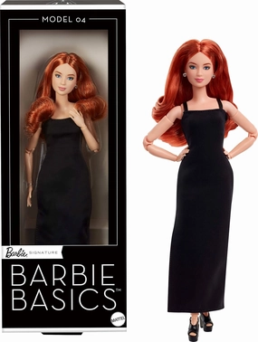 Barbie Basics Model 04 Collector Doll with Red Curly Hair, Black Mini Dress & Boots, Universal-fit Fashions, Posable Petite Body & Swappable Doll Head