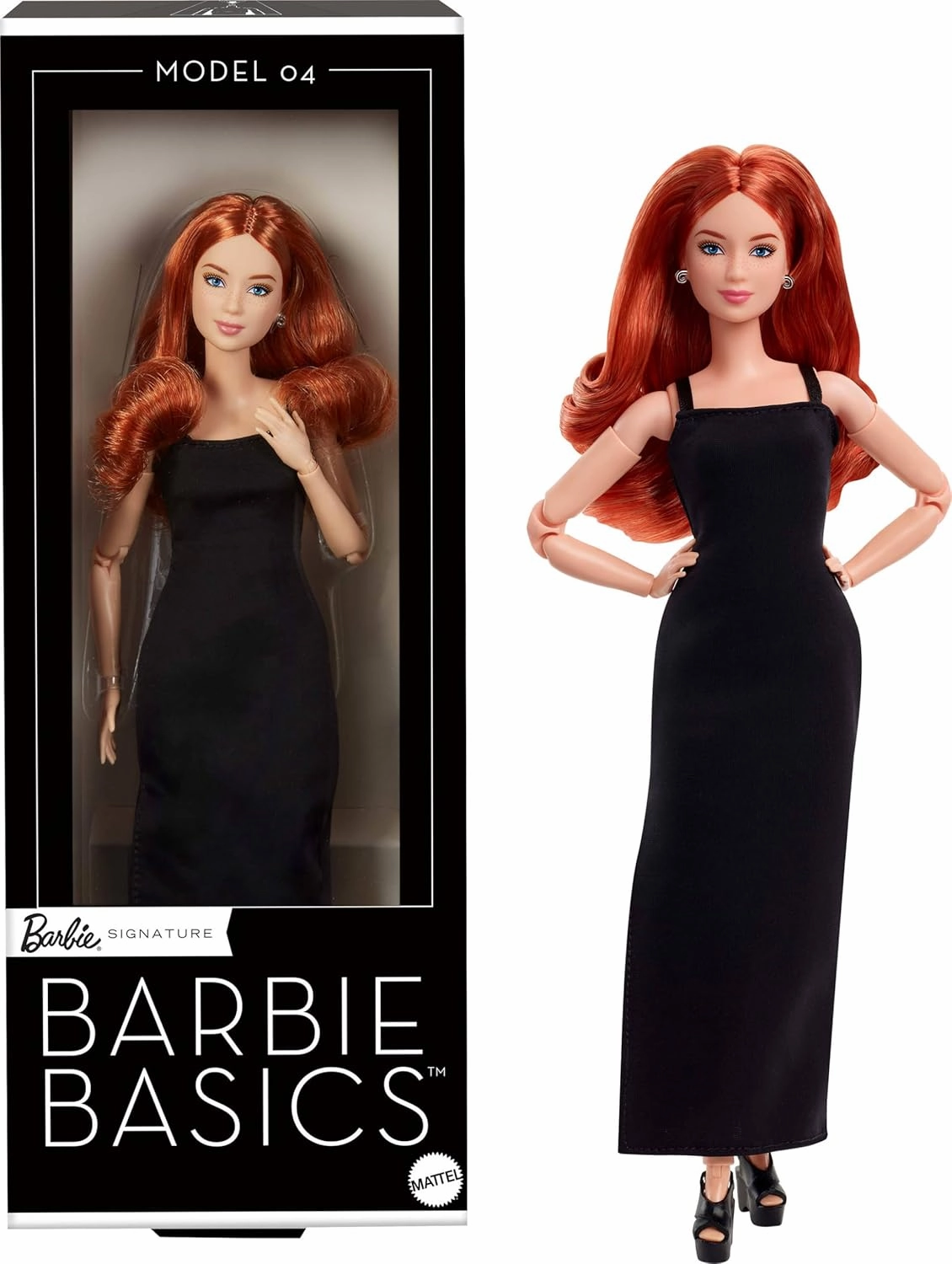 Barbie Basics Model 04 Collector Doll with Red Curly Hair, Black Mini Dress & Boots, Universal-fit Fashions, Posable Petite Body & Swappable Doll Head