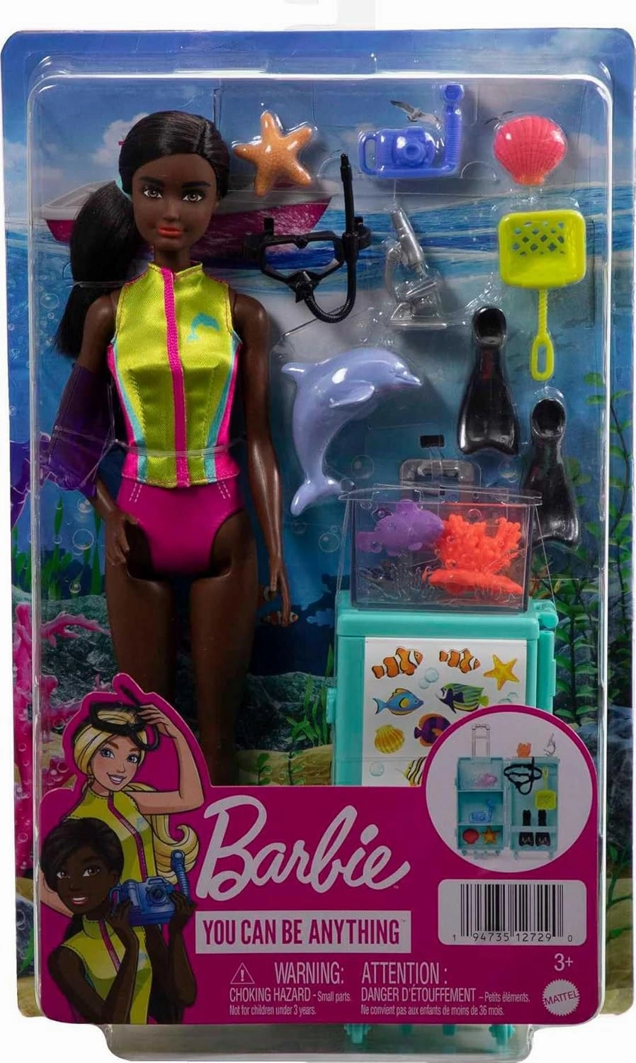 Barbie Careers Playset, Mobile Lab Set with Brunette Marine Biologist Fashion Doll & 10  Accessories, Case Opens for Storage & Travel