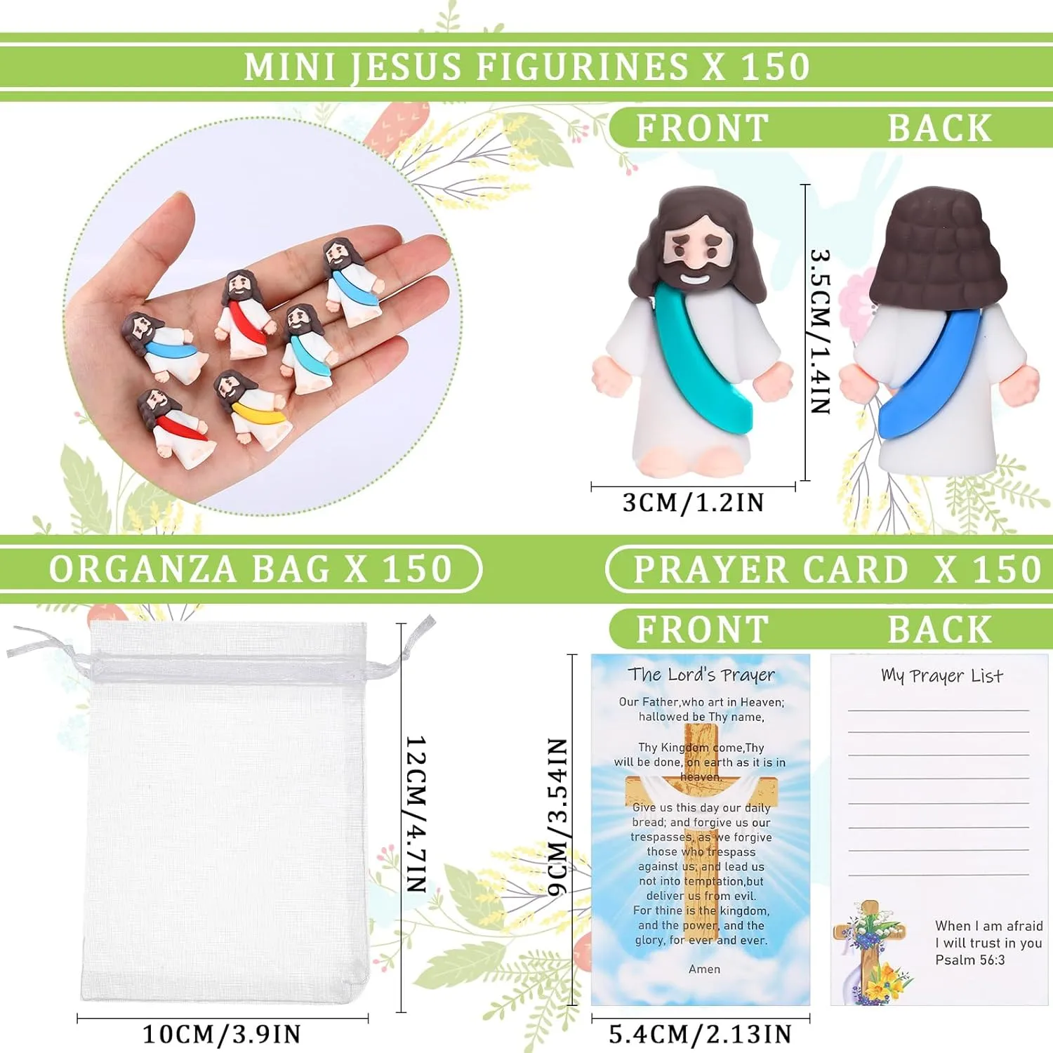 Barydat 150 Set Mini Jesus Easter Figures Little Jesus Toys Bulk Religious Christian Doll with 150 Prayer Cards and 150 Organza Bags for Sunday School Church Mother's Day Baptism Gift(Multicolor)
