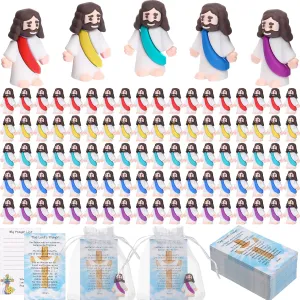Barydat 150 Set Mini Jesus Easter Figures Little Jesus Toys Bulk Religious Christian Doll with 150 Prayer Cards and 150 Organza Bags for Sunday School Church Mother's Day Baptism Gift(Multicolor)