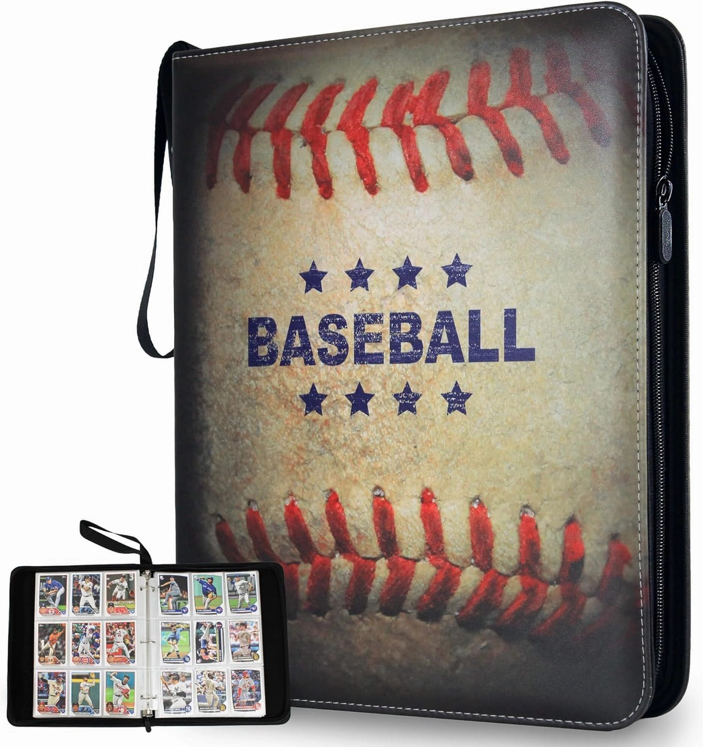 Baseball Card Binder 900 Pockets, 50 Pages, 3 Ring Trading Zipper Binder w/Strap, Large Storage, 9 Pocket Organizer Sleeves, Metal Release Tabs, Leather, Baseball Card Holder, Sports Collectors Gift