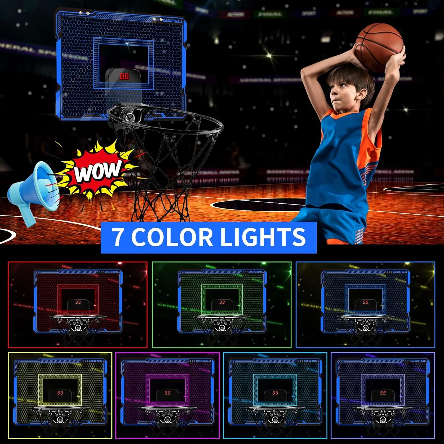 Basketball Hoop Indoor for Kids, Over The Door Basketball Hoops with LED Lighting & Audio Scoreboard, Mini Basketball Hoop Basketball Toys Gifts for 5 6 7 8 9 10 11 12 Year Old Boys Girls (Blue)