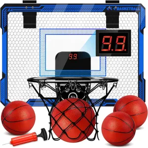 Basketball Hoop Indoor for Kids, Over The Door Basketball Hoops with LED Lighting & Audio Scoreboard, Mini Basketball Hoop Basketball Toys Gifts for 5 6 7 8 9 10 11 12 Year Old Boys Girls (Blue)