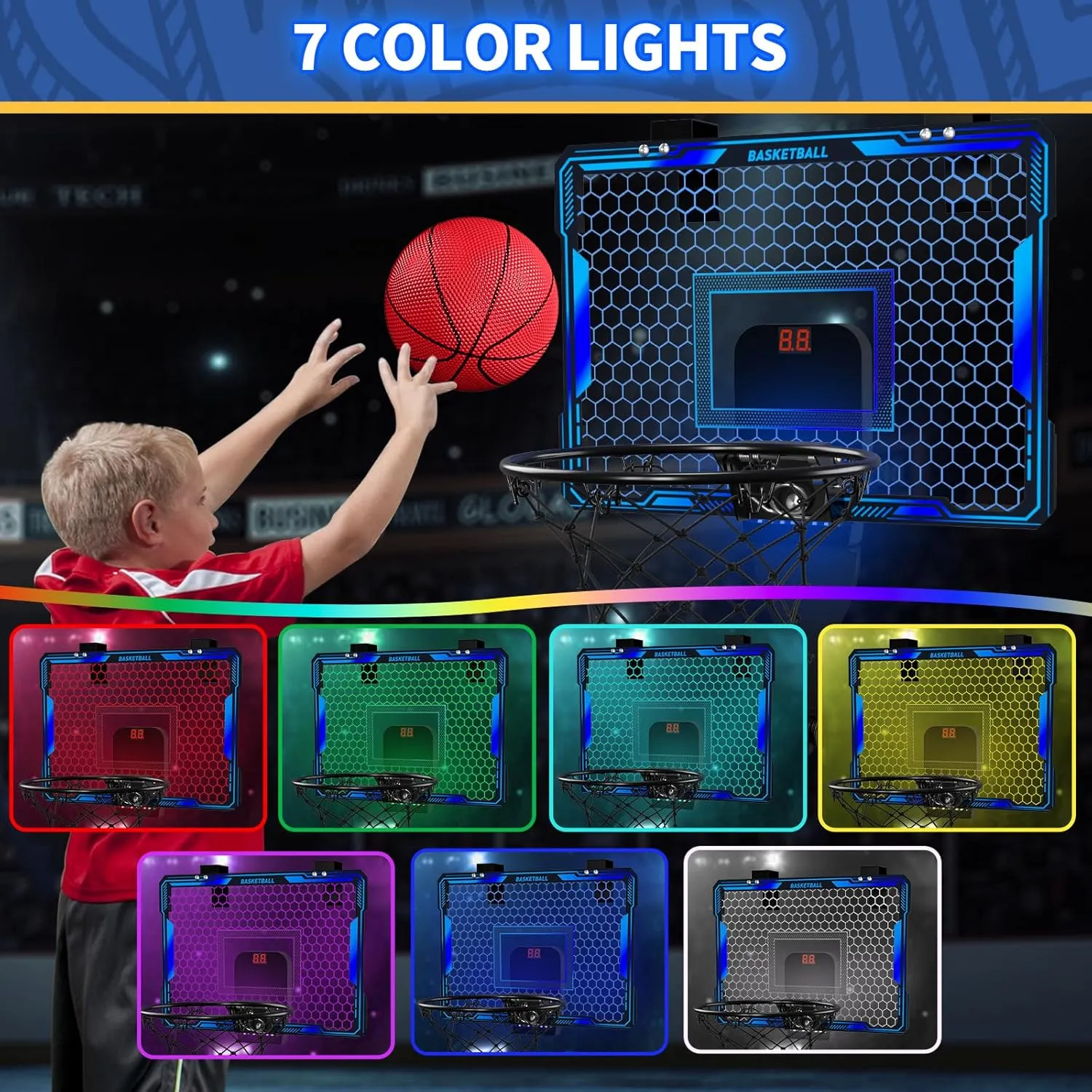 Basketball Hoop Indoor, Mini Basketball Hoop with 7 LED Lighting, Scoreboard, Over Door Basketball Hoop with 3 Modes, Volume Adjustable, Foldable, Basketball Toys Gifts for Kids Adults (Blue)