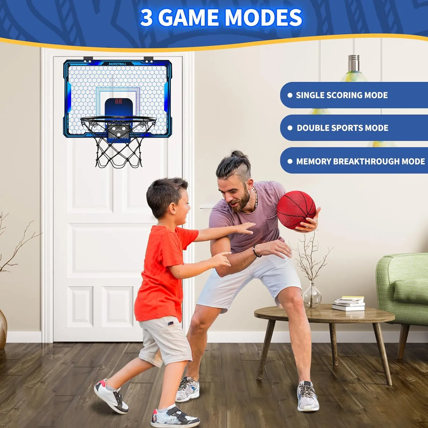Basketball Hoop Indoor, Mini Basketball Hoop with 7 LED Lighting, Scoreboard, Over Door Basketball Hoop with 3 Modes, Volume Adjustable, Foldable, Basketball Toys Gifts for Kids Adults (Blue)