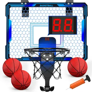 Basketball Hoop Indoor, Mini Basketball Hoop with 7 LED Lighting, Scoreboard, Over Door Basketball Hoop with 3 Modes, Volume Adjustable, Foldable, Basketball Toys Gifts for Kids Adults (Blue)