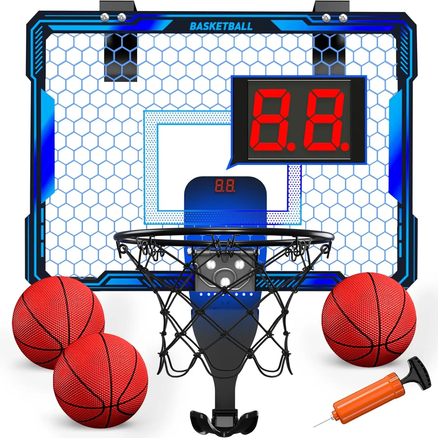 Basketball Hoop Indoor, Mini Basketball Hoop with 7 LED Lighting, Scoreboard, Over Door Basketball Hoop with 3 Modes, Volume Adjustable, Foldable, Basketball Toys Gifts for Kids Adults (Blue)