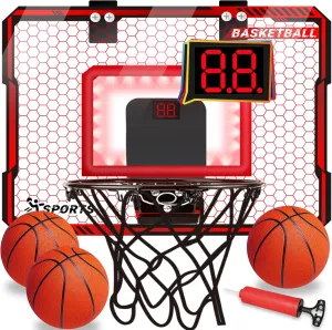 Basketball Hoop Indoor with LED Lights, Basketball Toys Gifts for 5 6 7 8 9 10  Year Old Boys Kids, Indoor Over The Door Mini Basketball Hoops with Electronic Scoreboard & 3 Balls