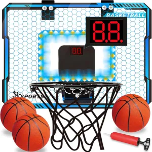 Basketball Hoop Indoor with LED Lights, Basketball Toys Gifts for 5 6 7 8 9 10  Year Old Boys Kids, Indoor Over The Door Mini Basketball Hoops with Electronic Scoreboard & 3 Balls