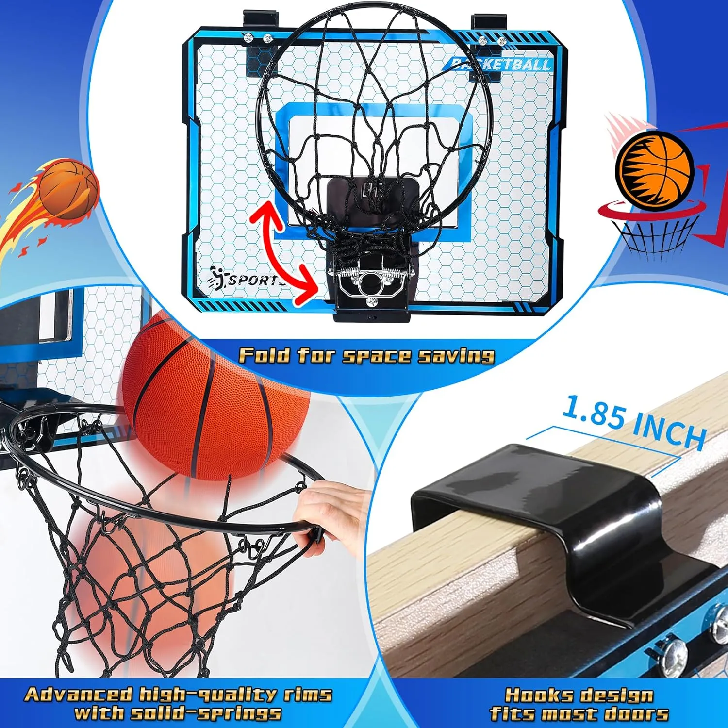 Basketball Hoop Indoor with LED Lights, Basketball Toys Gifts for 5 6 7 8 9 10  Year Old Boys Kids, Indoor Over The Door Mini Basketball Hoops with Electronic Scoreboard & 3 Balls