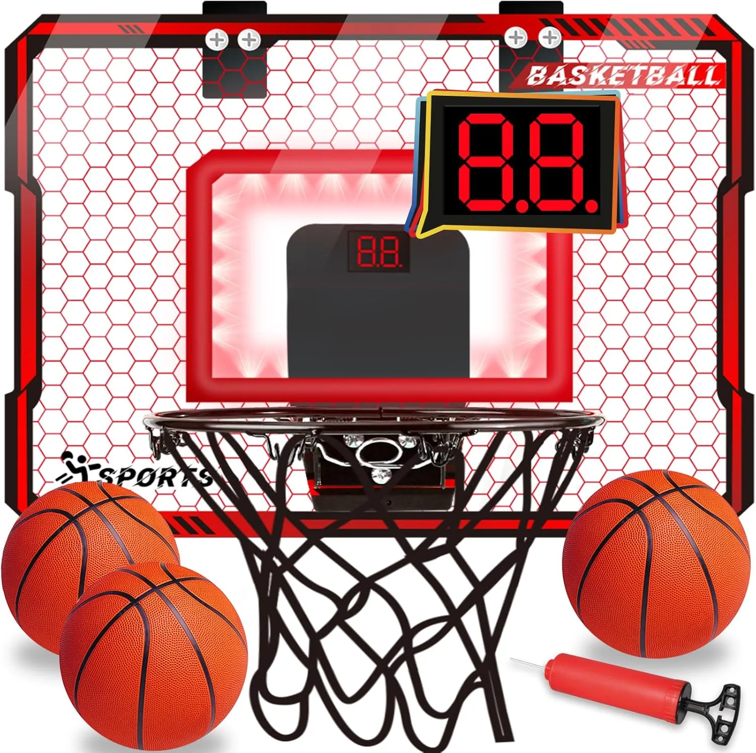 Basketball Hoop Indoor with LED Lights, Basketball Toys Gifts for 5 6 7 8 9 10  Year Old Boys Kids, Indoor Over The Door Mini Basketball Hoops with Electronic Scoreboard & 3 Balls