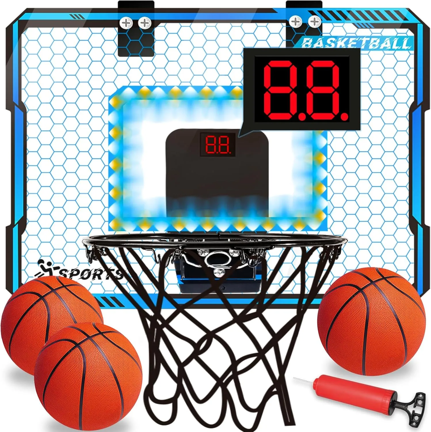 Basketball Hoop Indoor with LED Lights, Basketball Toys Gifts for 5 6 7 8 9 10  Year Old Boys Kids, Indoor Over The Door Mini Basketball Hoops with Electronic Scoreboard & 3 Balls