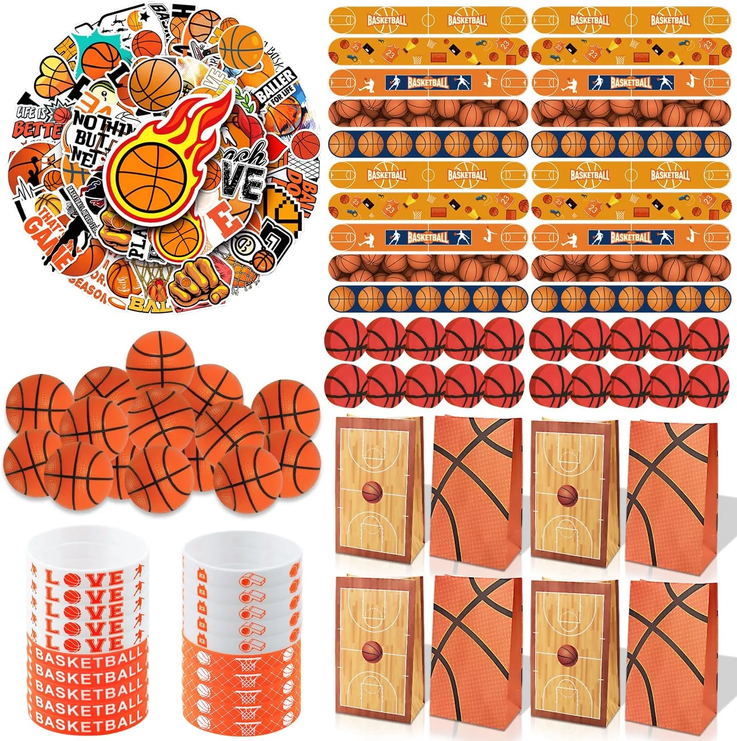 Basketball Party Favors, 150Pcs Basketball Party Supplies Gift Set for 20 Kids Students, Including Basketball Stree Balls, Gift Bags, Silicone Wristbands Basketball Theme Stickers, Erasers