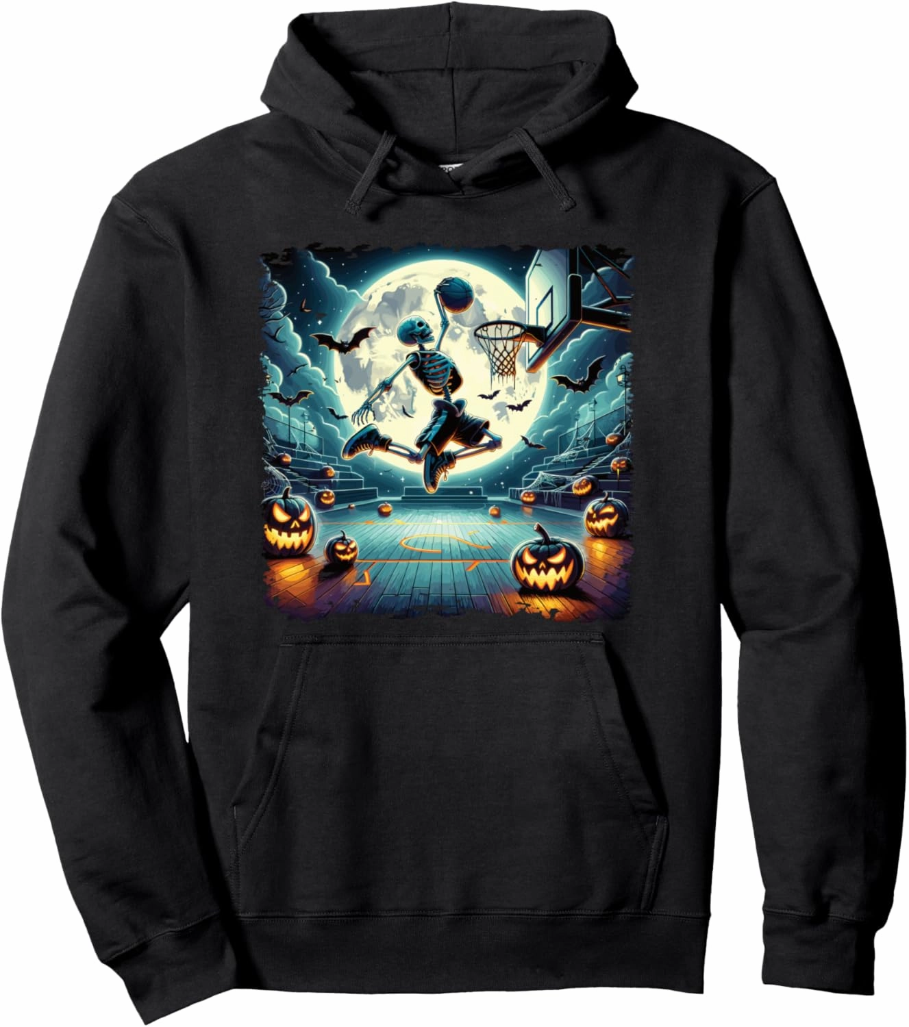 Basketball Dunk Halloween Skeleton Pumpkins Bats Full Moon Pullover Hoodie