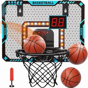 Basketball Hoop Indoor,Over The Door Basketball Hoops with LED Lighting, Mini Hoop with Electronic Scoreboard,3 Balls & Pump, Over Door Basketball Hoop, Basketball Toys Gift for Kids, Adults (Blue)