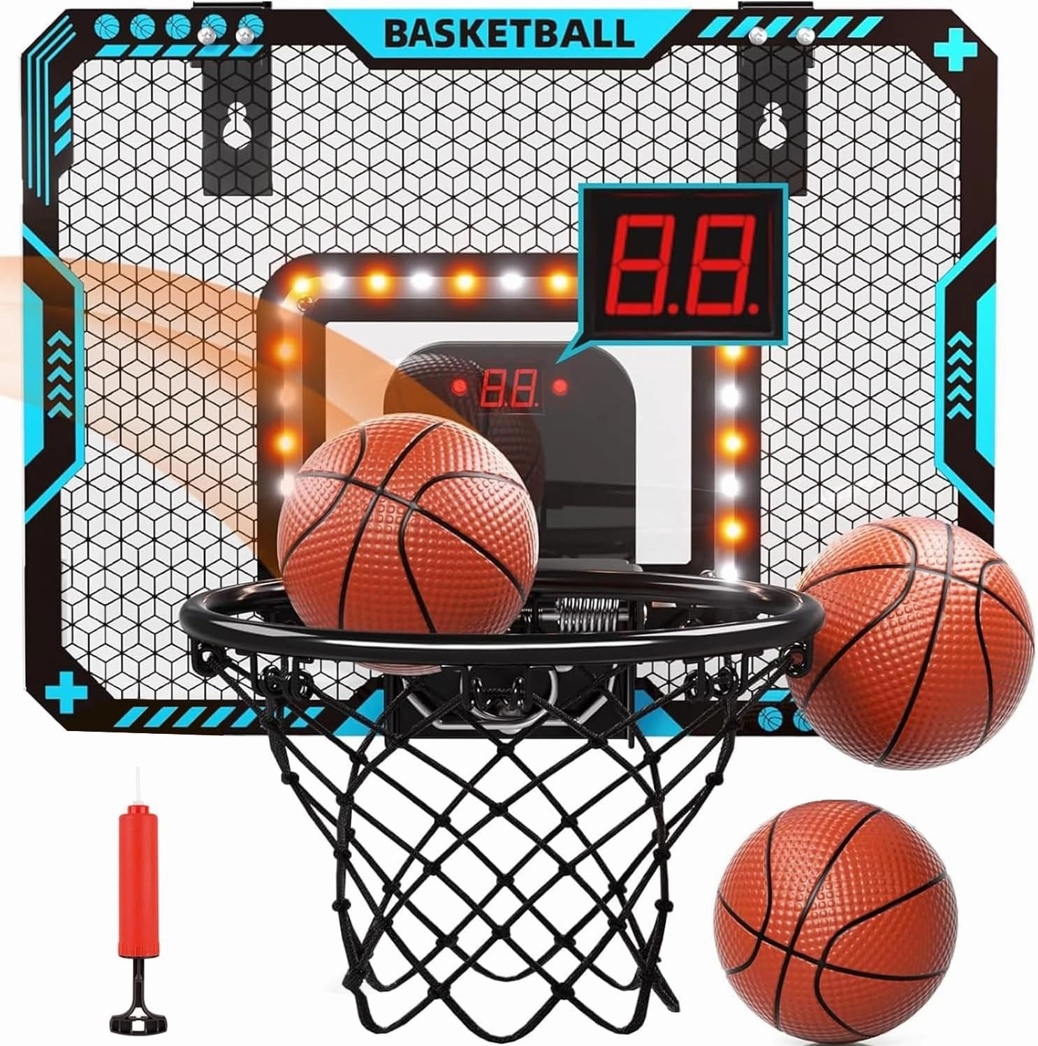 Basketball Hoop Indoor,Over The Door Basketball Hoops with LED Lighting, Mini Hoop with Electronic Scoreboard,3 Balls & Pump, Over Door Basketball Hoop, Basketball Toys Gift for Kids, Adults (Blue)