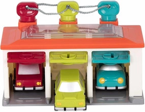 Battat – Car & Color Sorting Playset – Cause-And-Effect Toy – Push & Go Cars – Color-Coded Matching – 2 Years   – 3-Car Garage, Red