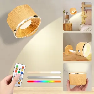 Battery Operated Wall Sconce, 2 Pack LED Rechargeable Wireless Wall Lights 3 White & 13 RGB Stepless Dimmable, 360°Rotate Magnetic Ball for Reading in Bed (Birch Wood)