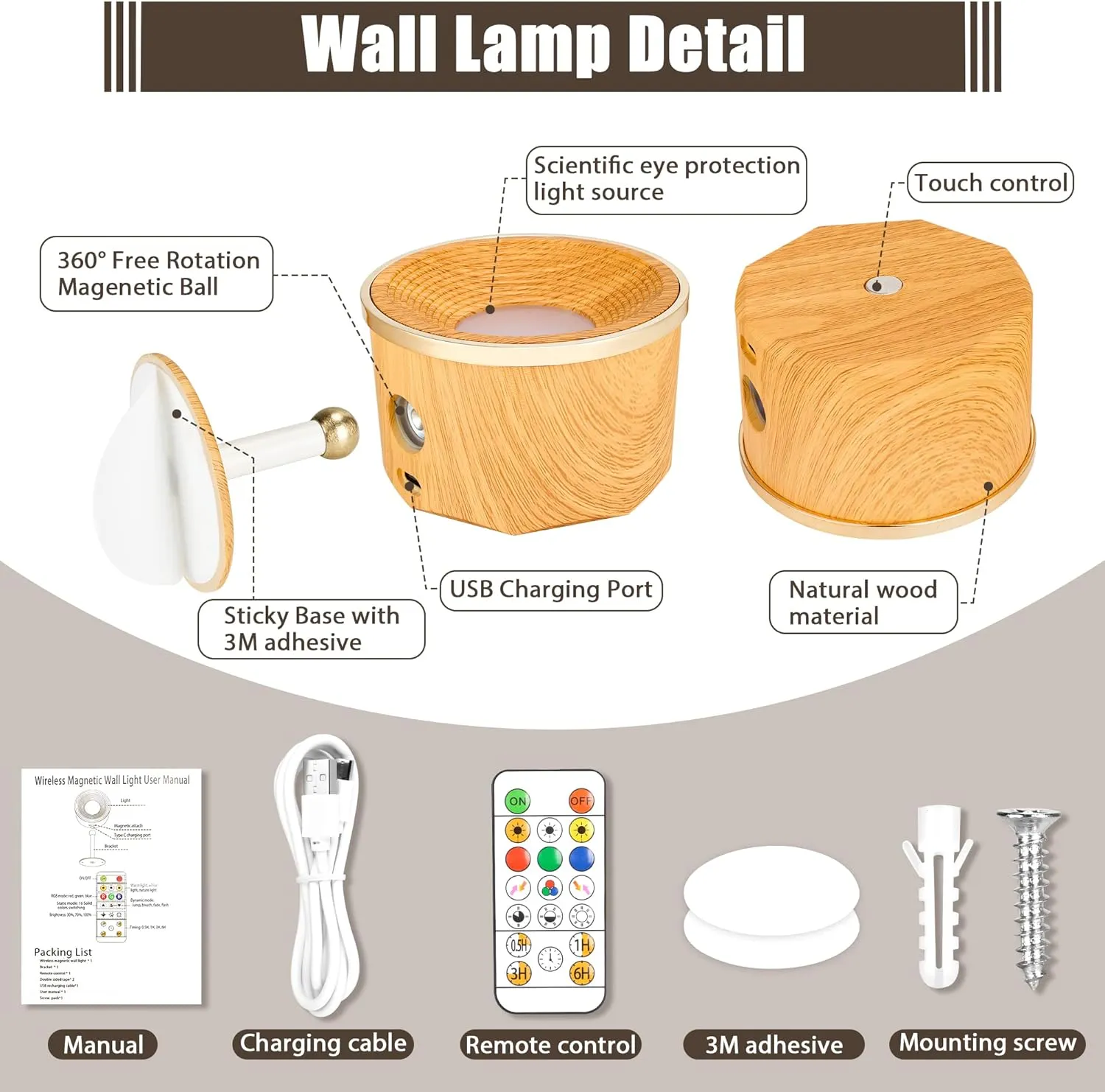 Battery Operated Wall Sconce, 2 Pack LED Rechargeable Wireless Wall Lights 3 White & 13 RGB Stepless Dimmable, 360°Rotate Magnetic Ball for Reading in Bed (Birch Wood)