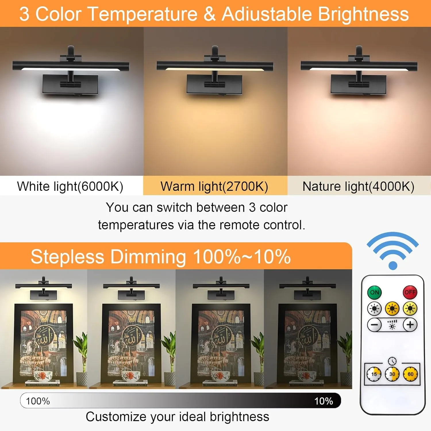 Battery Powered Picture Light with Remote and Timer,Full Metal Art Light with Swing Arm,12 Inch Dimmable,3CCT in One, Rechargeable Wall Lights for Display, Artwork, Canvas,Hallway