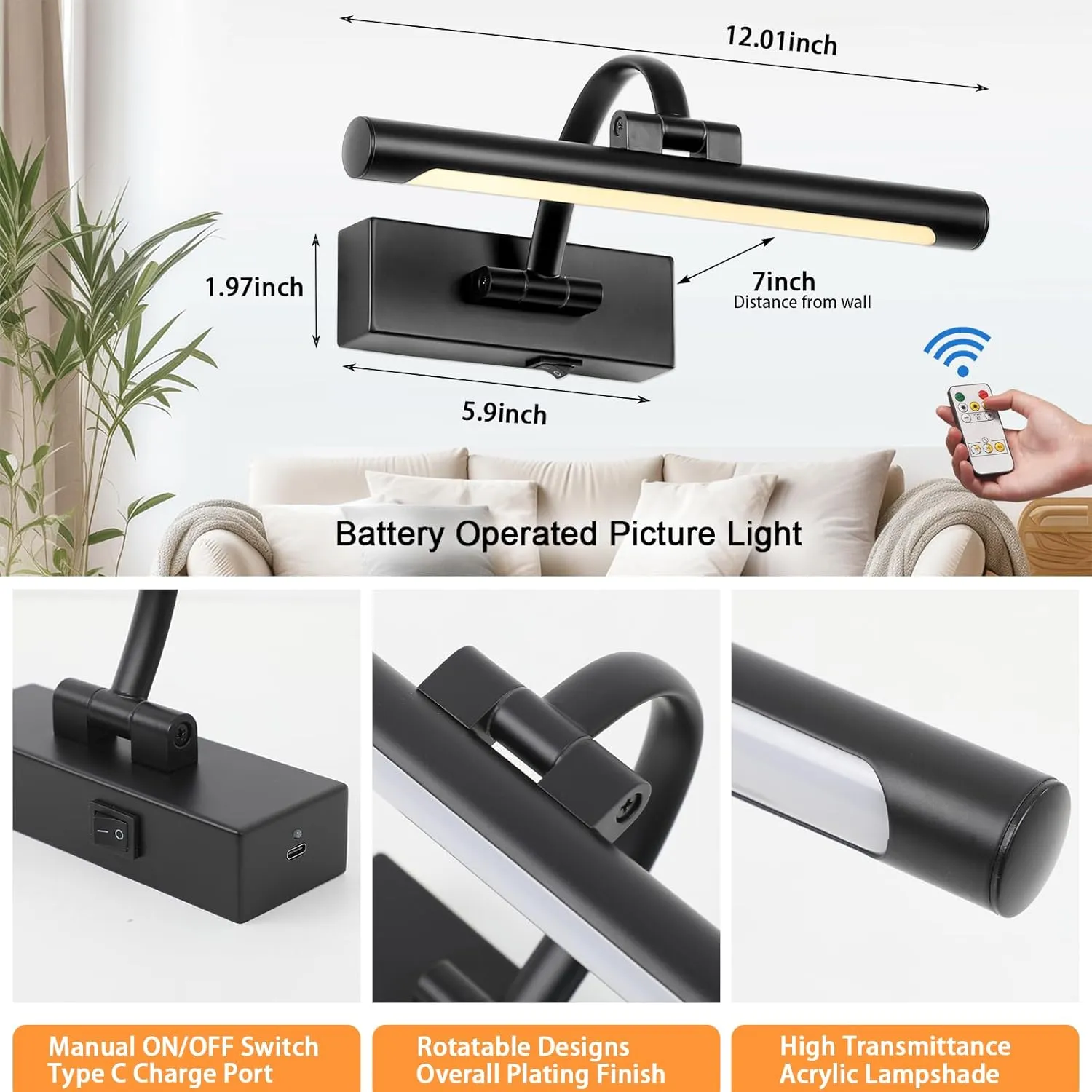 Battery Powered Picture Light with Remote and Timer,Full Metal Art Light with Swing Arm,12 Inch Dimmable,3CCT in One, Rechargeable Wall Lights for Display, Artwork, Canvas,Hallway