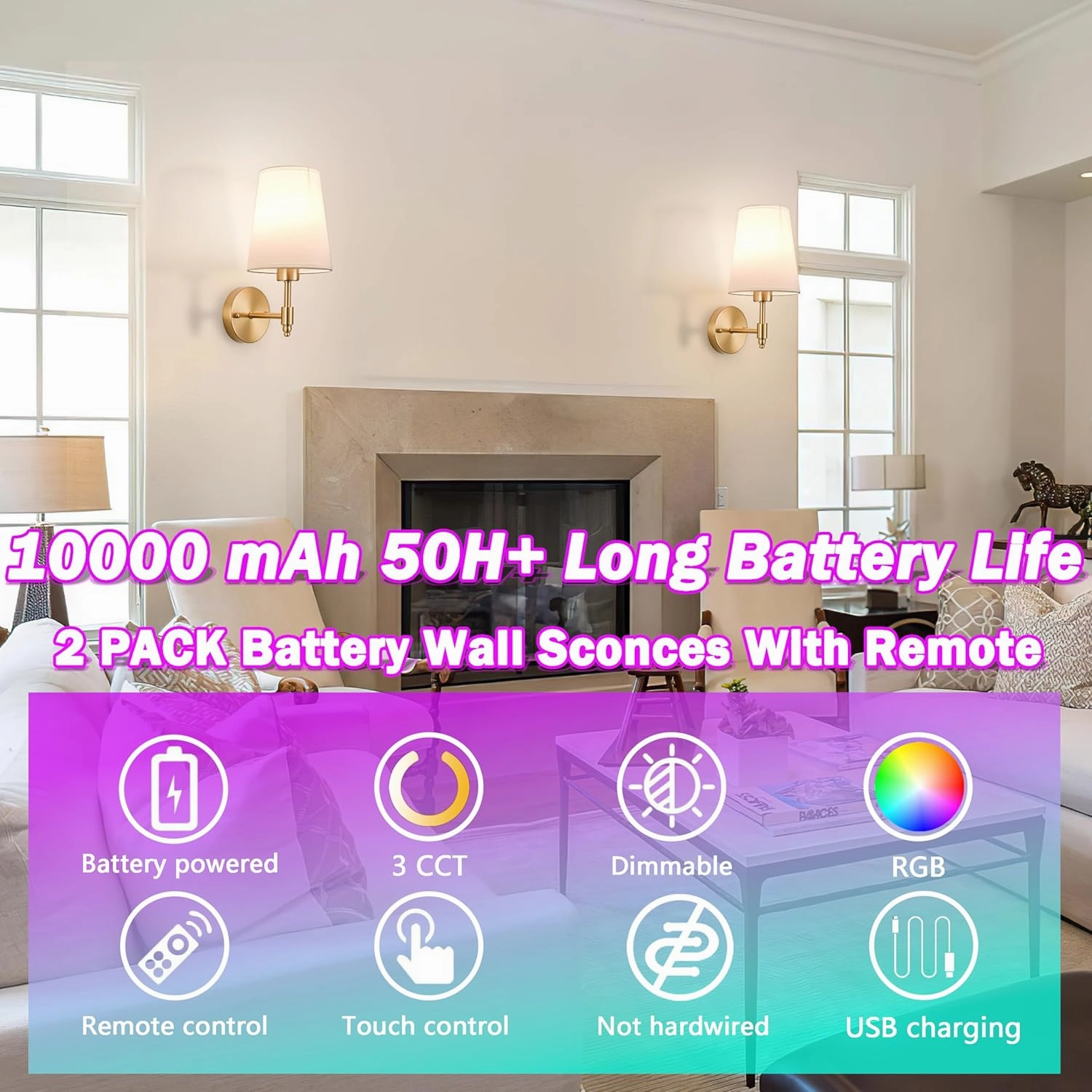 Battery Operated Wall Sconce, Gold Rechargeable Wall Sconces Set of Two, Wireless Wall Sconces with Remote Timer Dimmable for Bedroom Living Room Hallway Wall Decor