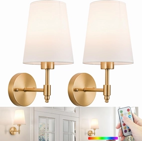 Battery Operated Wall Sconce, Gold Rechargeable Wall Sconces Set of Two, Wireless Wall Sconces with Remote Timer Dimmable for Bedroom Living Room Hallway Wall Decor