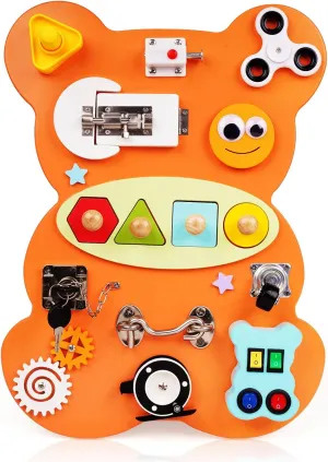 Bear Busy Board for Toddlers Wooden Montessori Toys,Sensory Board,Activity Fidget Board for Fine Motor Skills,Travel Toy,Educational Learning Toy for 3 Year Old Boys & Girls with Locks,Latches Board