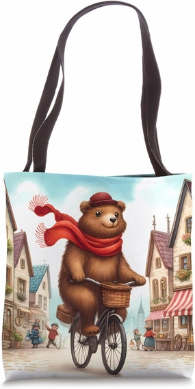 Bear Cycling Through A Quaint Village. Scarf Hat Houses Tote Bag