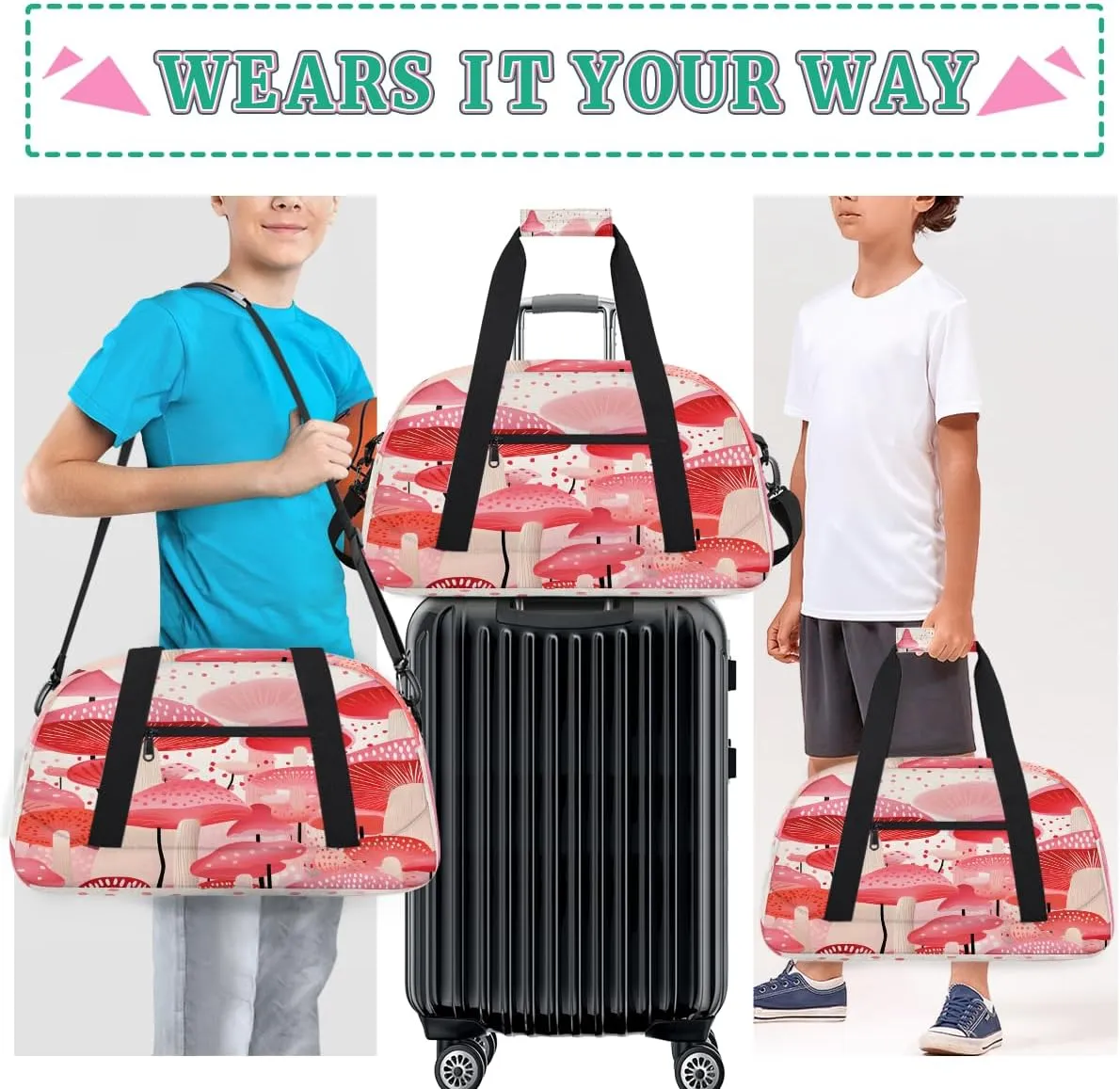 Beautiful Mushroom Kids Overnighter Duffel Bags for Boys, Carry-On Size Sports Gym Bag with Front Zipper Pocket for School Practice or Overnight Travel Weekender Sleepover Tote Bag